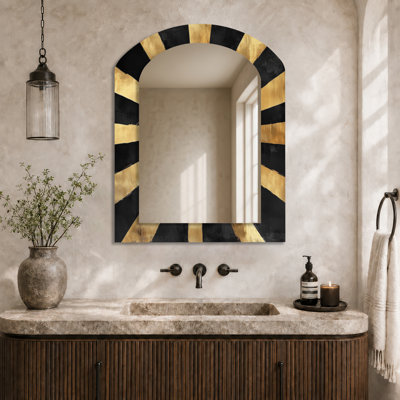 Miroir mural géométrique - Sunburst déco noir et or, impression métallique