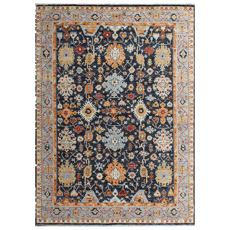 Tapis bleu foncé / orange / bleu clair noué à la main de haute qualité, Rectangle 5 pi x 8 pi