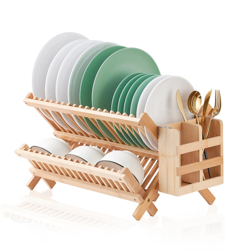 Foldable Bamboo 2-Tier Dish Drying Rack with Utensil Holder