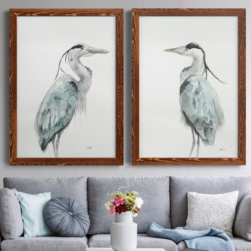 Blue Heron I - ensemble de 2 reproductions d'art sur toile encadrées, Cadre en érable, H 37,5 po x l 55 po x P 1,5 po