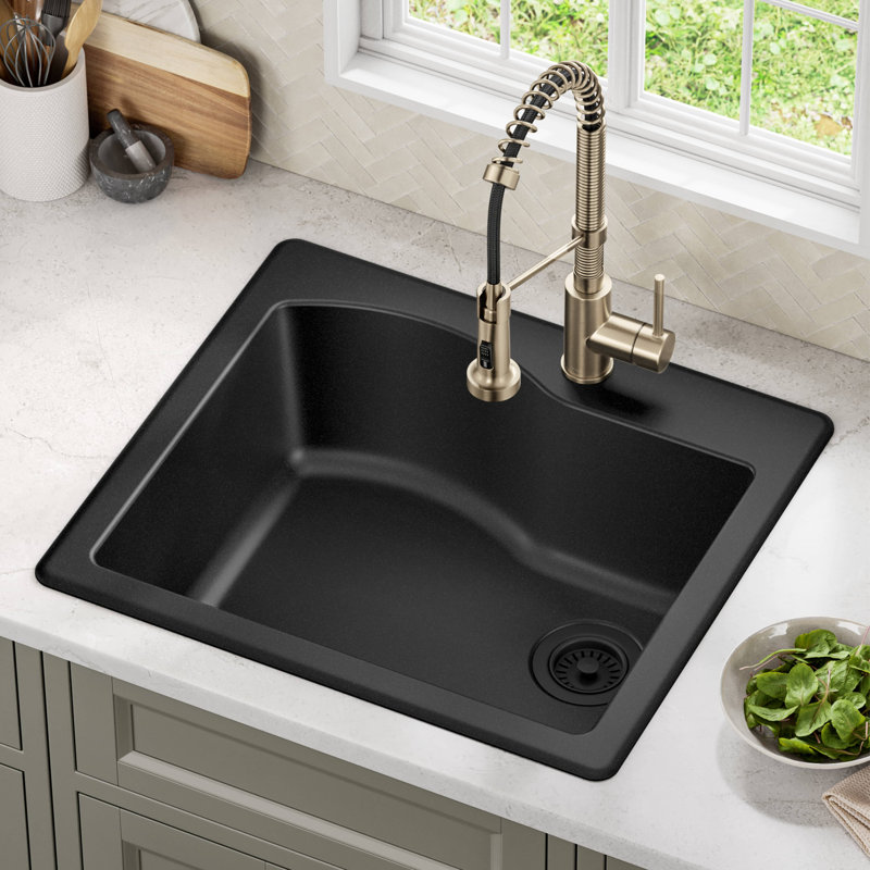 Évier de cuisine en granit à une cuve à fixation double de L 25 po KRAUS Quarza™, Noir
