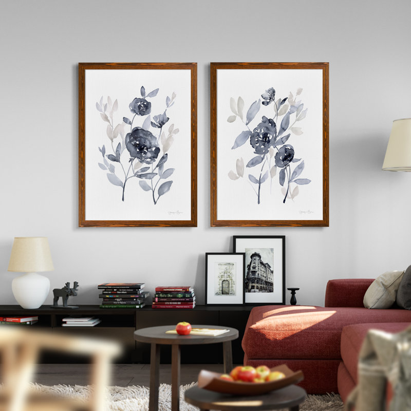 Pivoines en gris - ensemble de 2 reproductions d'art encadrées, H 24 po x l 18 po, Toile encadrée, Espresso