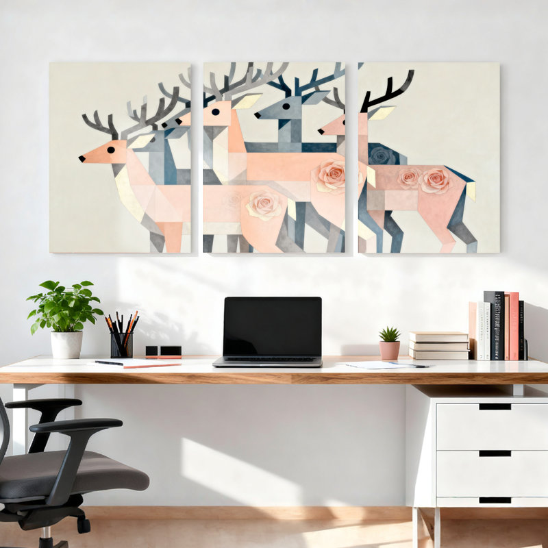 Ensemble de 3 tableaux sur toile à motif géométrique de cerfs ornés de roses