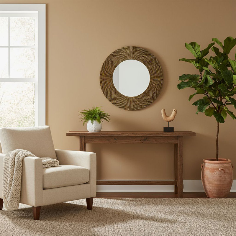 Round Black and Gold Woven Frame Mirror, Decorative Wooden Accent Wall Mirror
