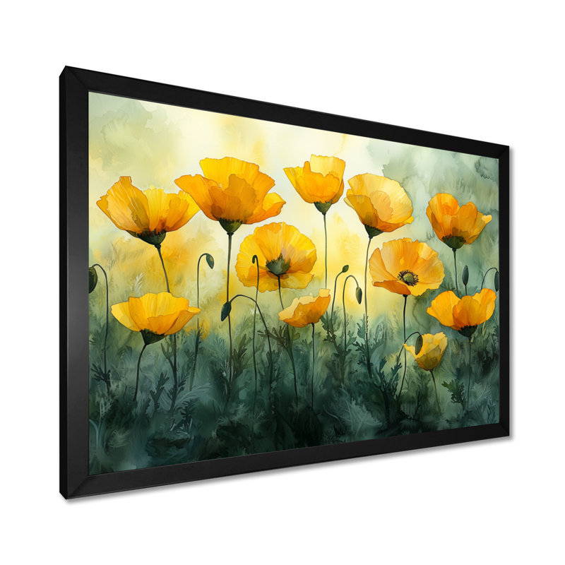 Golden Hour Poppies In Summer II - Poppies, art mural, H 30 po x l 40 po, Cadre simple noir