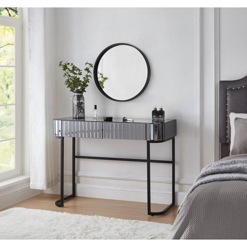 39" Mirrored Makeup Vanity Table with Stainless Steel Base, Mirrored Console Dressing Table with 2 Drawers,Versatile Desk for Bedroom and Office, Grey