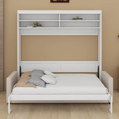 Queen Size Murphy Bed, Wooden Queen Murphy Bed With Sofa And Cushion, Wall Bed With Shelves