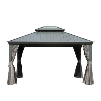 Pavillon de jardin à toit rigide 10 pi x 12 pi avec double toit en acier galvanisé, cadre en aluminium, auvent de patio extérieur avec rideaux et filet pour terrasse de jardin