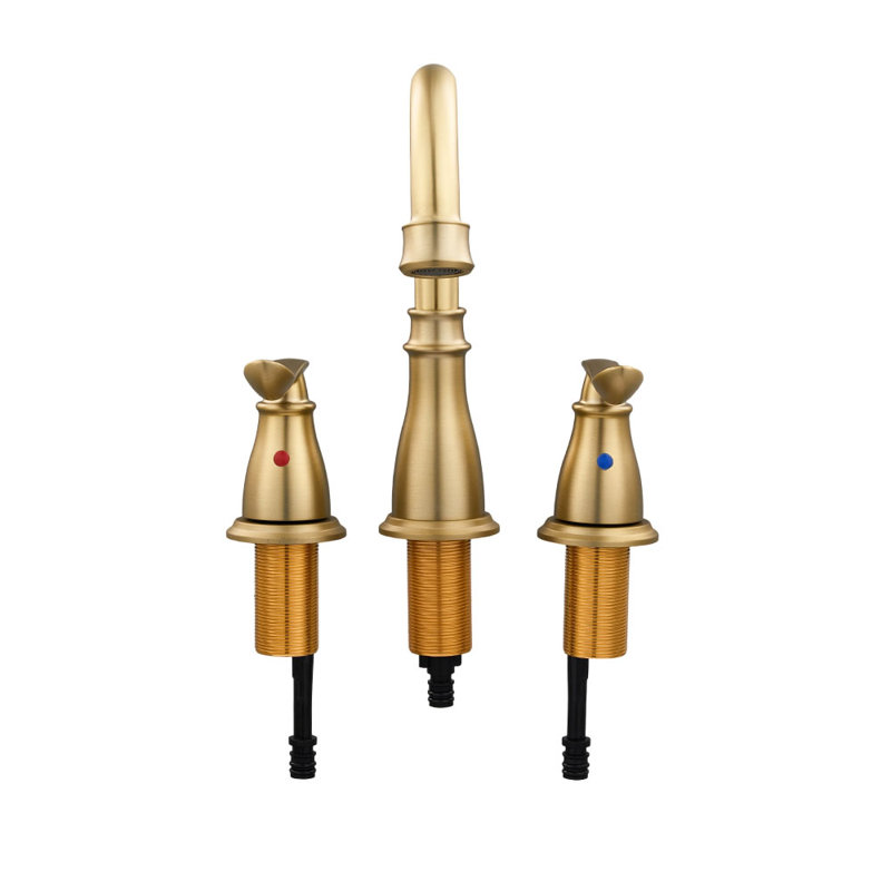 Double Handle Bathroom Sink Faucet with Drainer, Gold
