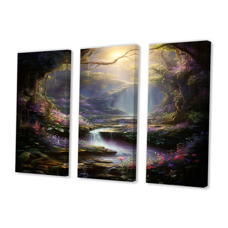 Ensemble de salon Magical Stream With Flowers In The Woods - River Wall Art, Toile tendue, H 32 po x l 48 po x P 1 po