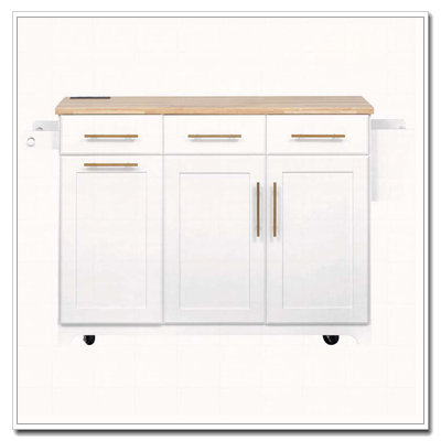 59.3" Kitchen Island with 2 Pull Out Cabinet Organizers & Rubber Wood Drop Leaf, Rolling Kitchen Island with Trash Can Storage, Power Outlet, Spice & Towel Rack for Kitchen, Dining