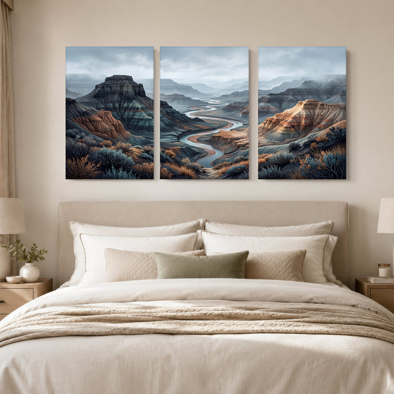 Winding River Through Layered Canyon Mountains And Set Of 3 Canvas Wall Art, 24"H x 16"W x 3pcs