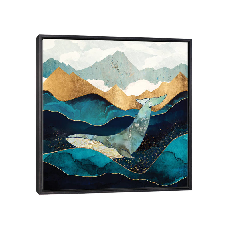 Baleine bleue - reproduction d'art, Aucun mat, H 26 po x l 26 po x P 1,5 po, Toile avec cadre noir patiné