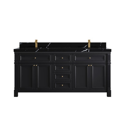Halsey 72 In. W X 22 In. D Double Sink Bathroom Vanity In Black With 2 In. Calacatta Black Quartz