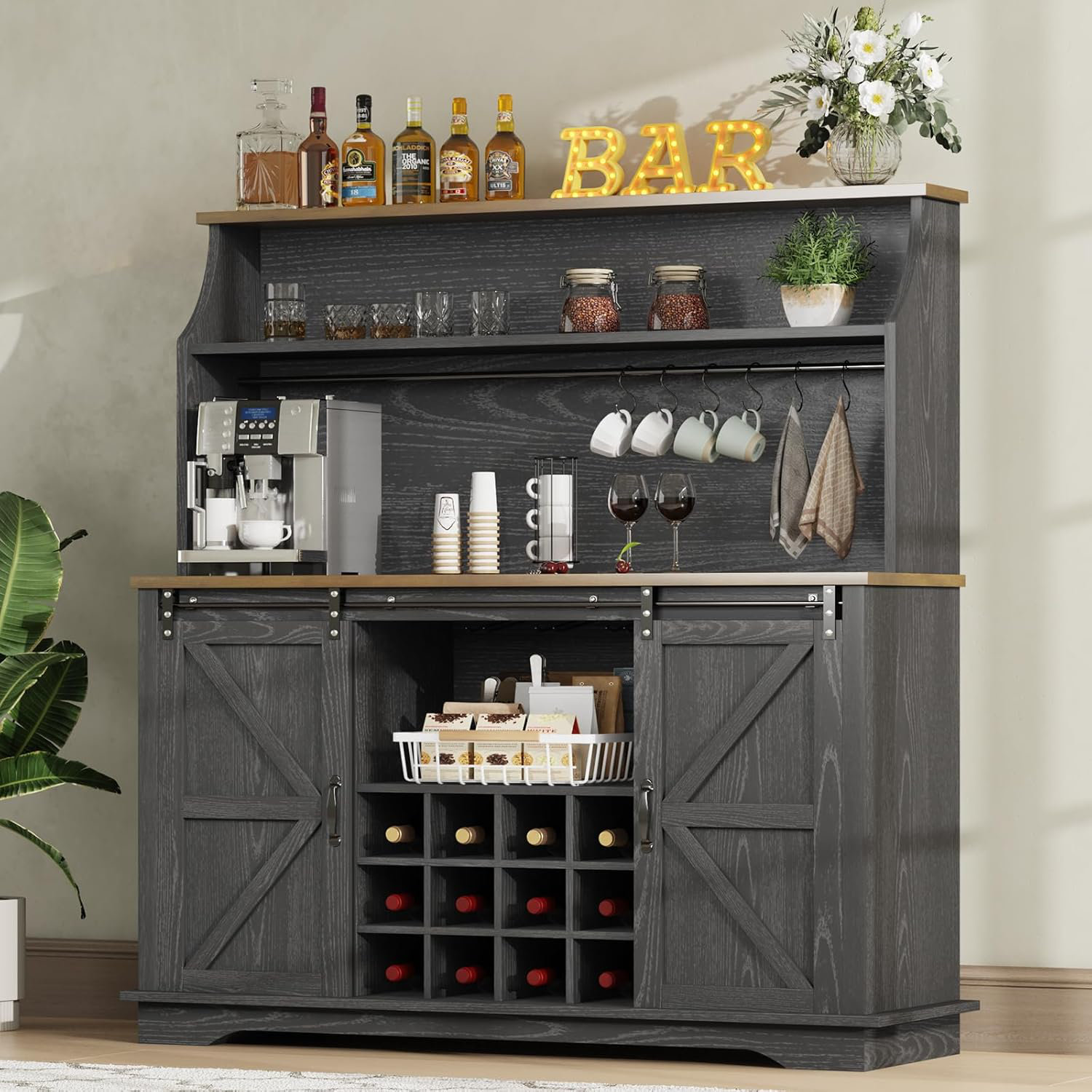 Coffee Hutch Cabinet 47" Farmhouse Coffee Bar With 3-Tier Storage, Kitchen Hutch Coffee Hutch Cabinet With Storage