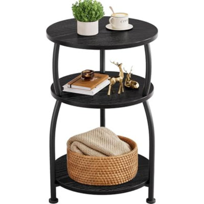 Table de bout ronde à 3 niveaux, table de chevet de 15,7 po | Table d'appoint circulaire pour petits espaces, canapé de 24 po de hauteur, table d'angle en bois pour le salon de la chambre à coucher, noir