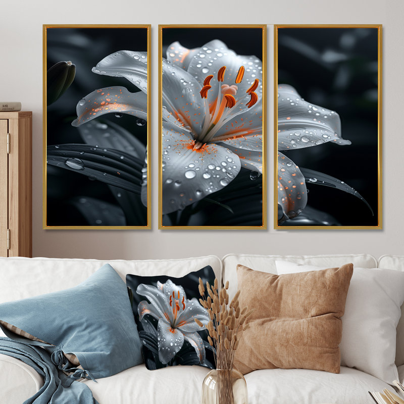 Ensemble de salon art mural blanc lys, H 28 po x l 36 po x P 1 po, Toile avec cadre flottant or