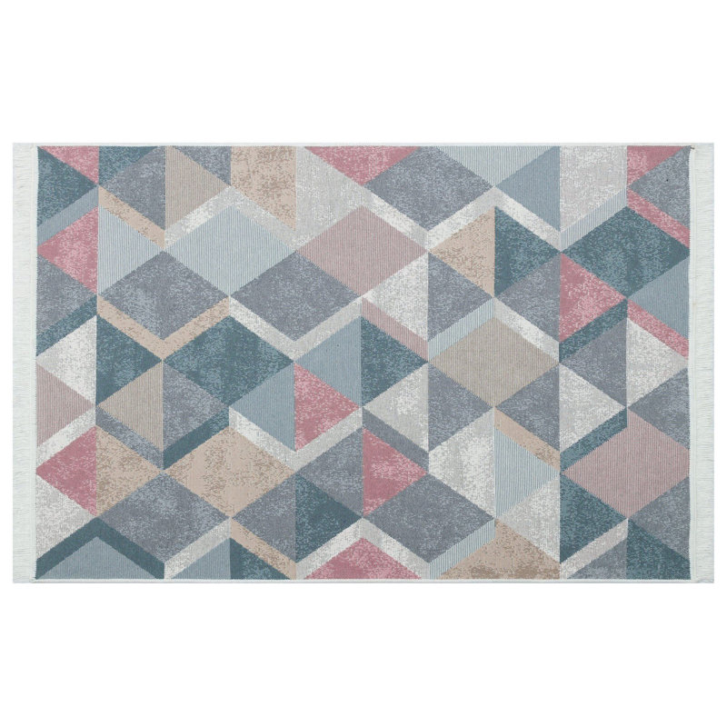 Tapis géométrique rectangulaire tissé à plat en coton rose / beige / gris Sivert, Rectangle 2 pi 7 po x 4 pi 11 po