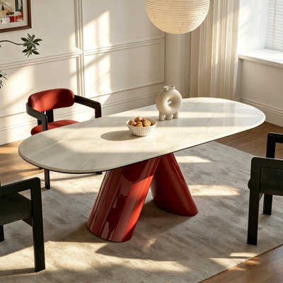 Table de salle à manger 70,47 "moderne ovale en marbre avec base sculpturale en acier inoxydable rouge pour 6 à 8 personnes