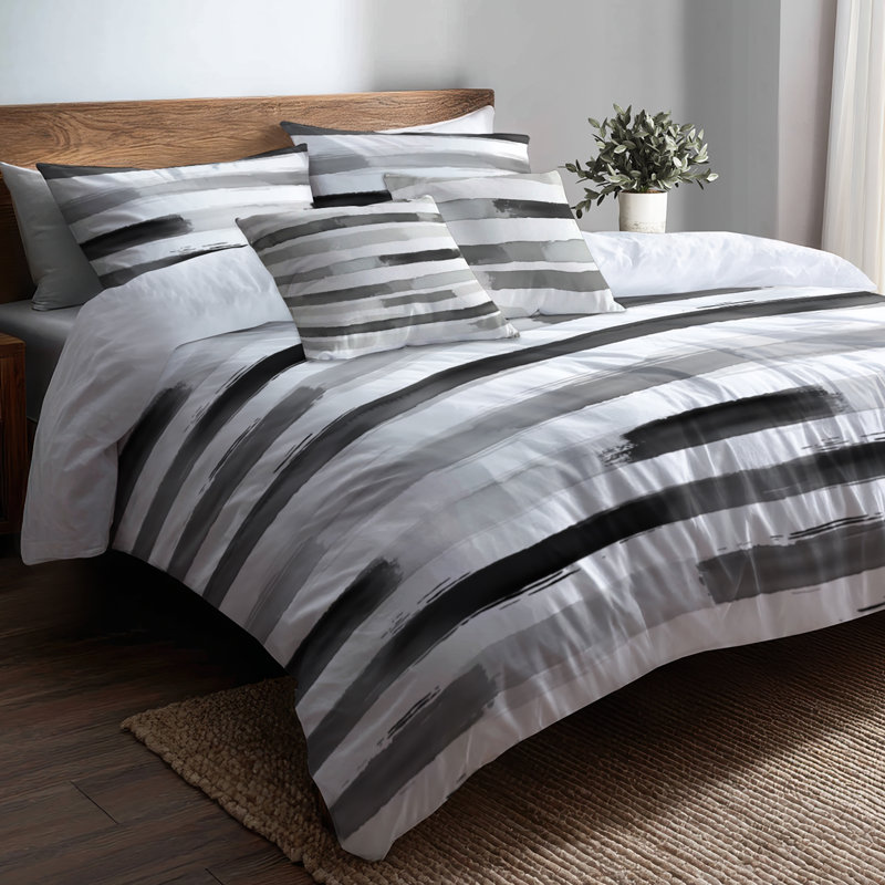 Ensemble de literie moderne 5 pièces - Ensemble de housse de couette et de coussin décoratif à rayures blanches Featherlight