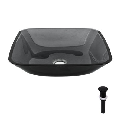 Square Grey Vessel Sink Above Counter, Tempered Glass, Pop - Up Drain For Hygiene, 16X16x4.09 Inches, Easy Installation Glass Bathroom Grey, Optimized Drainage, Smooth Surface