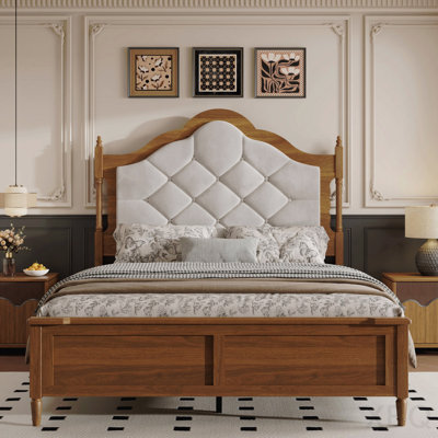 Cadre de lit grand format avec tête de lit tapissier, pied de lit à panneaux, cadre de lit rétro Mid-Century, cadres de lit en bois grand format, brun