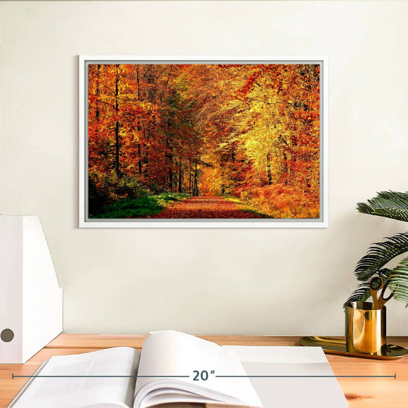 Chemin vers la forêt d'automne, Cadre flottant blanc, 13 po x 9 po