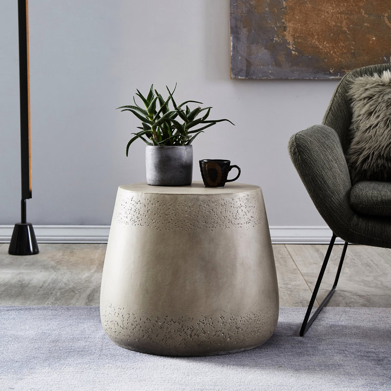Table d'appoint grise avec style - Béton léger, forme de tambour, sans assemblage, 19 x 19 x 15,89, 19 po x 19 po x 15,89 po
