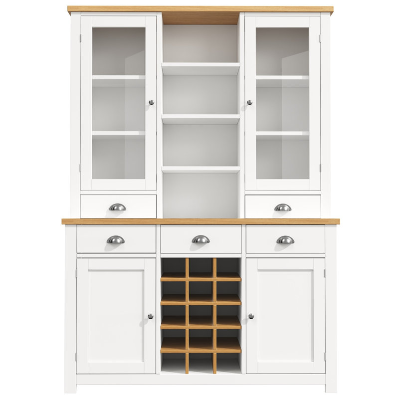 185cm White Kitchen Pantry Cabinet with Glass Doors, 5 Drawers, 16-Bottle Wine Rack & Adjustable Shelves for Home Storage