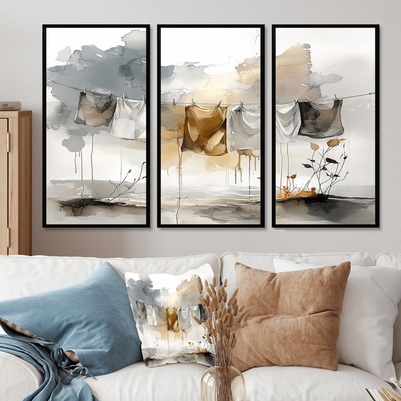 Ensemble de décorations murales gris Hanging Out Laundry I, Toile avec cadre flottant noir, H 32 po x l 48 po x P 1 po