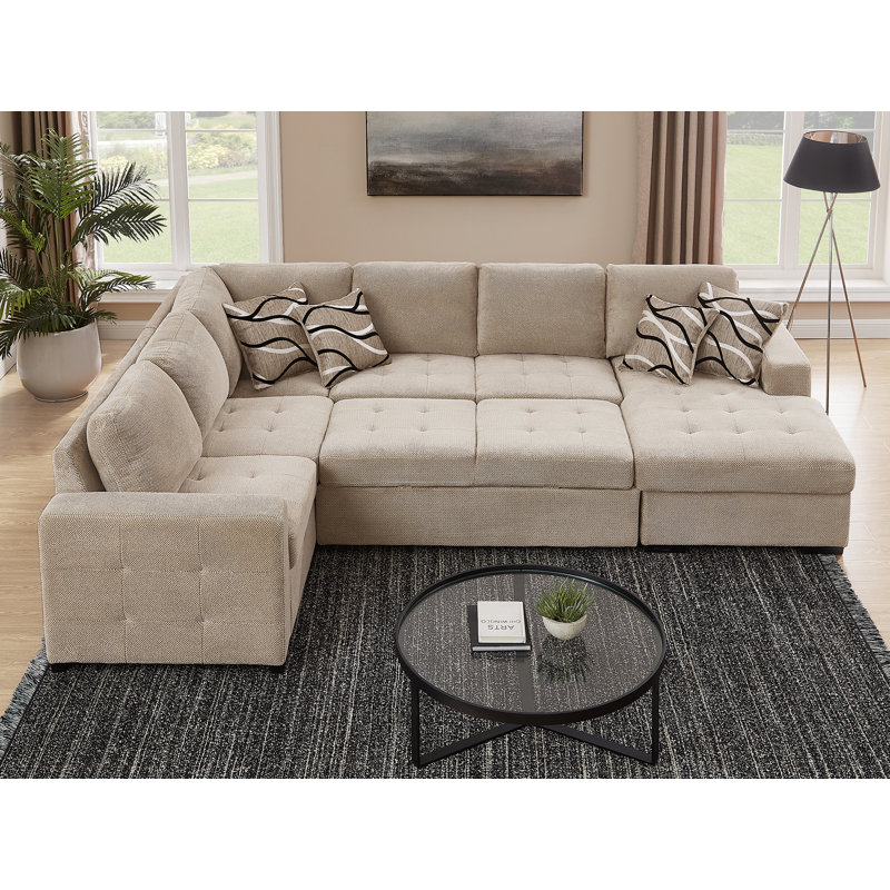 123" Oversized U-Shape Sectional Sleeper Sofa with Pull-Out Bed and Storage Chaise, 4 Throw Pillows For Living Room, Beige