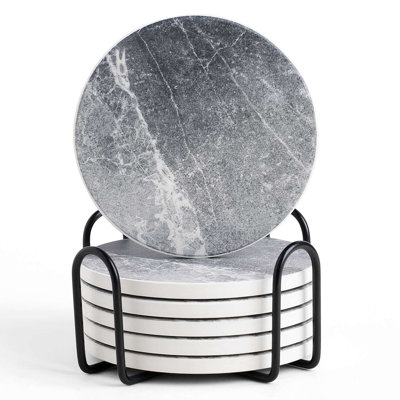 Round Concrete Coasters with Black Iron Stand, Set of 6