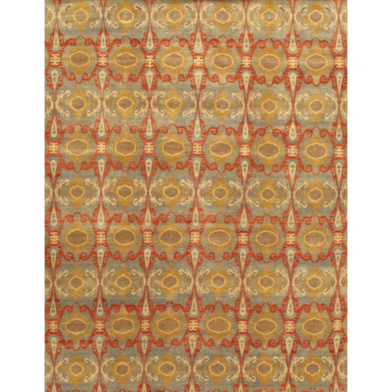 Tapis brun / rouge / jaune en laine noué à la main Ikat, Rectangle 9 pi x 12 pi
