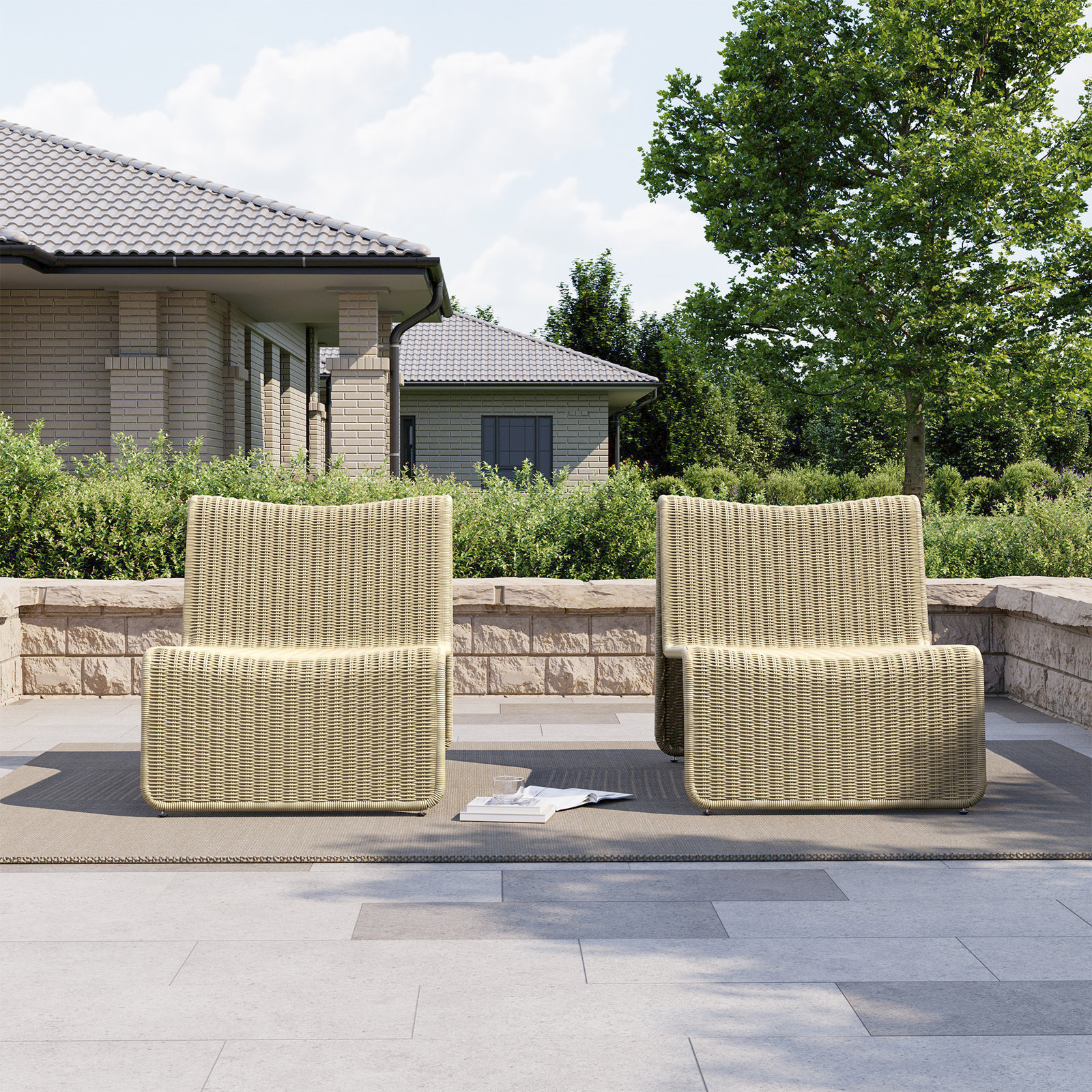 Shorsey Sloped Wicker Patio Lounge Chairs, Beige