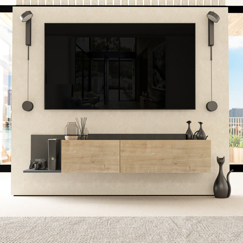 Meuble télé mural moderne pour téléviseur de 78 po ou moins avec portes sans poignée