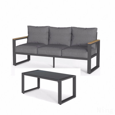 2-Piece 3-Seat Outdoor Sofa Couch Set, 75" All-Weather 3-Seat Aluminum Patio Sofa With Thick Beige Cushions  & 44" Glass Coffee Table
