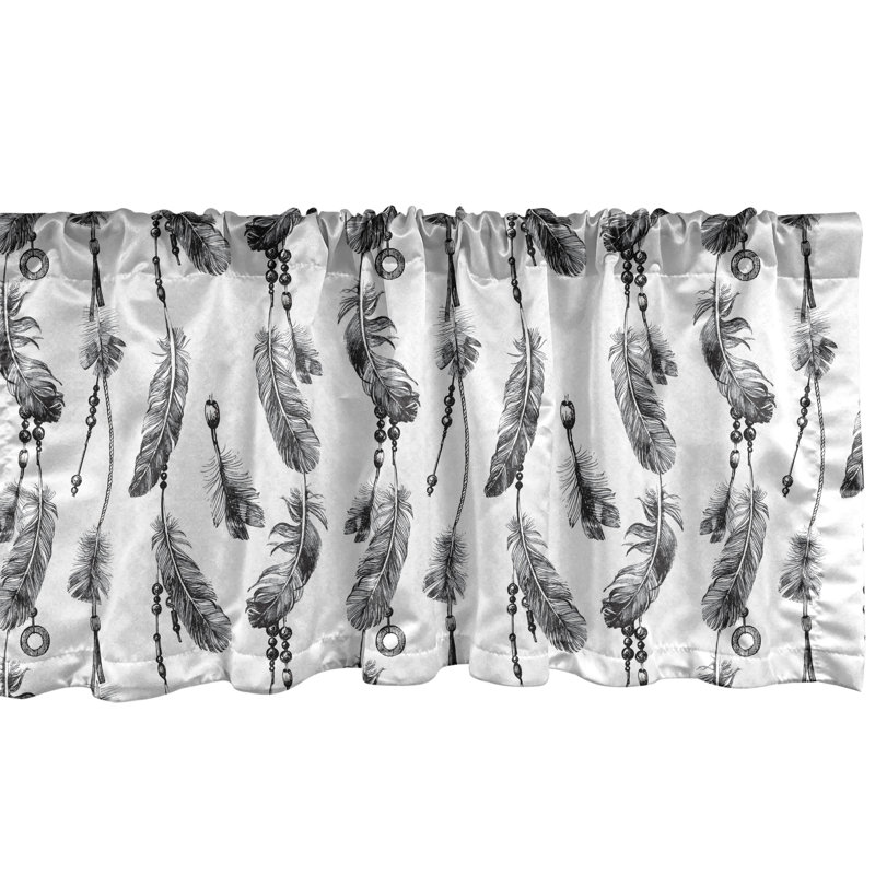 Charcoal Grey and White Feather Print Rod Pocket Valance Set