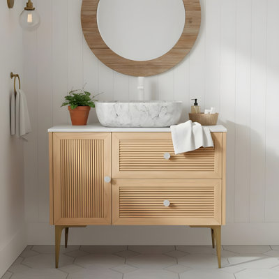 Armoire de rangement autoportante en contreplaqué avec pieds, bassin en céramique rectangulaire avec motif en marbre