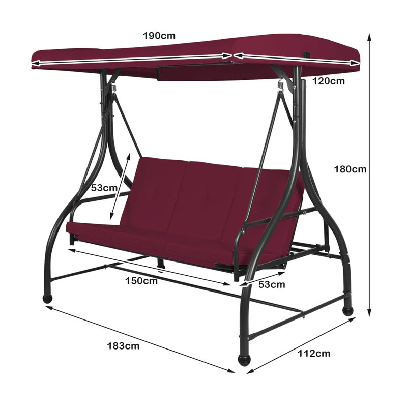 3 Person Porch Swing with Canopy, Wine Red