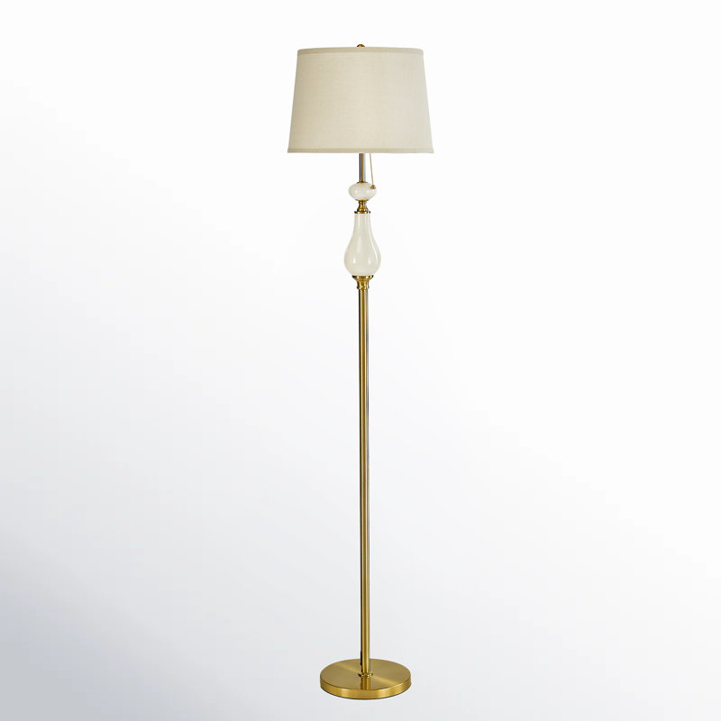 67.4" Gold Floor Lamp with Ceramic Accents, Linen Drum Shade and Foot Switch