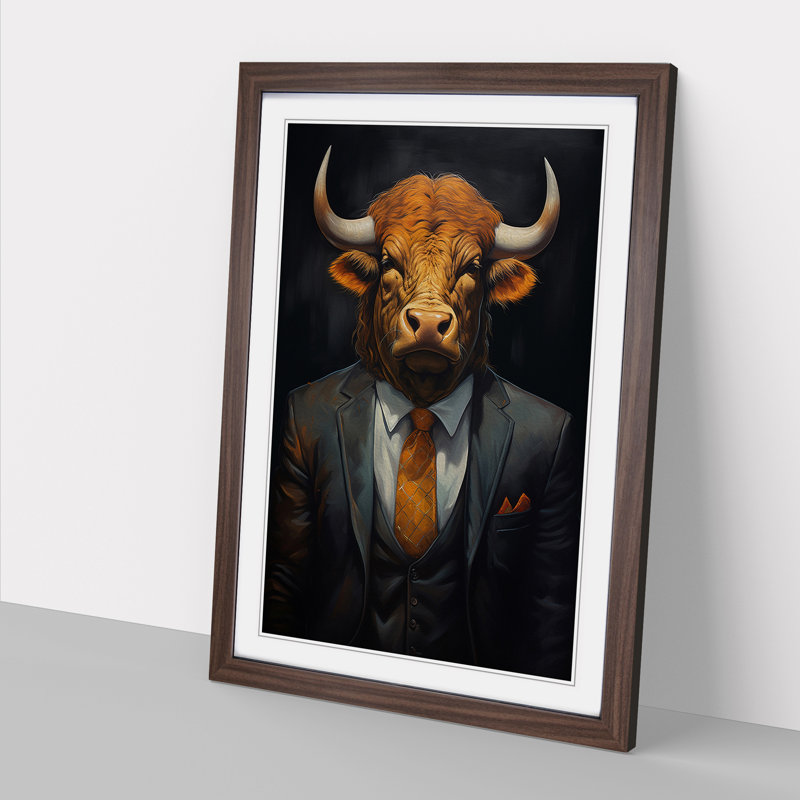 Buffalo In A Suit Painting No.3 - Single Picture Frame Print on Wood, 46cm H x 34cm W x 2cm D, Walnut Framed