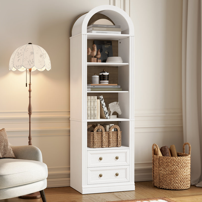 Bibliothèque étroite 67,7 "de haut avec 2 tiroirs, bibliothèque à 5 niveaux avec tablettes ouvertes, Blanc/noyer