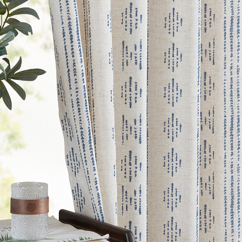 Linen Blend Semi-Sheer Rod Pocket Curtain Pair, Blue on Flax, 52" W x 90" L