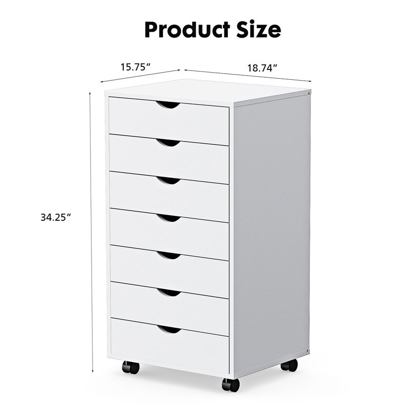 Commode à 7 tiroirs avec roulettes, Blanc / Blanc