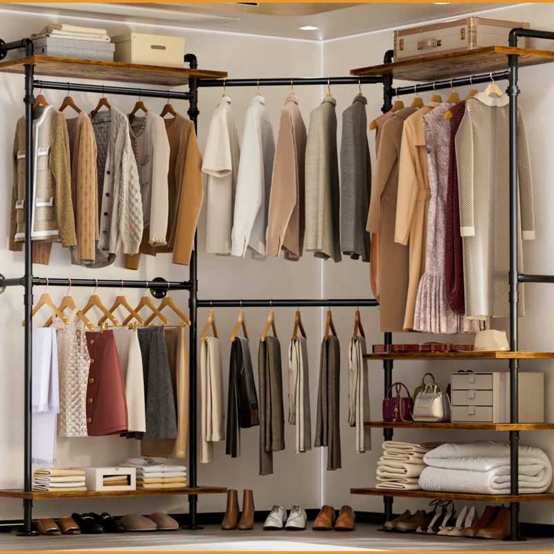 Portemanteaux 59 "à 103,2" en forme de L en forme de C, support à vêtements avec 3 tablettes en bois, support de rangement mural