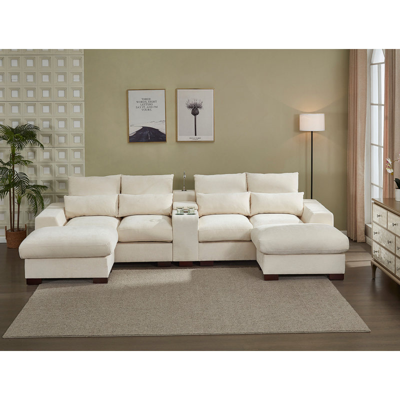 Canapé modulaire moderne avec console, port de charge USB, lampe de lecture, porte-gobelet, beige, Tissu beige