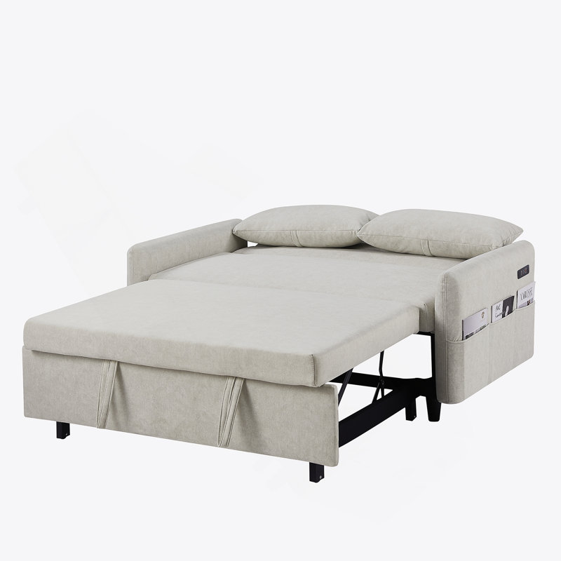 Canapé-lit escamotable avec dossier ajustable, poches de rangement, Beige