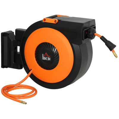 Enrouleur de tuyau d'air rétractable, dévidoir de compresseur d'air mural avec support pivotant, rembobinage automatique, 3/8 po x 82 pi, plomb de 6,6 pi, 150 PSI, coupleur d'air, noir et orange