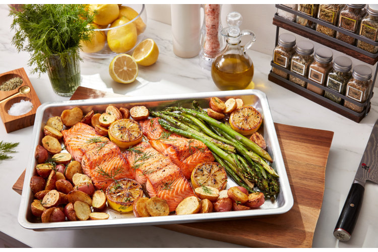 Dinner cooked on jelly roll pan