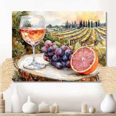 Grapefruit With Glass Of Wine In Vineyard Landscape I - Vineyard Metal Wall Art